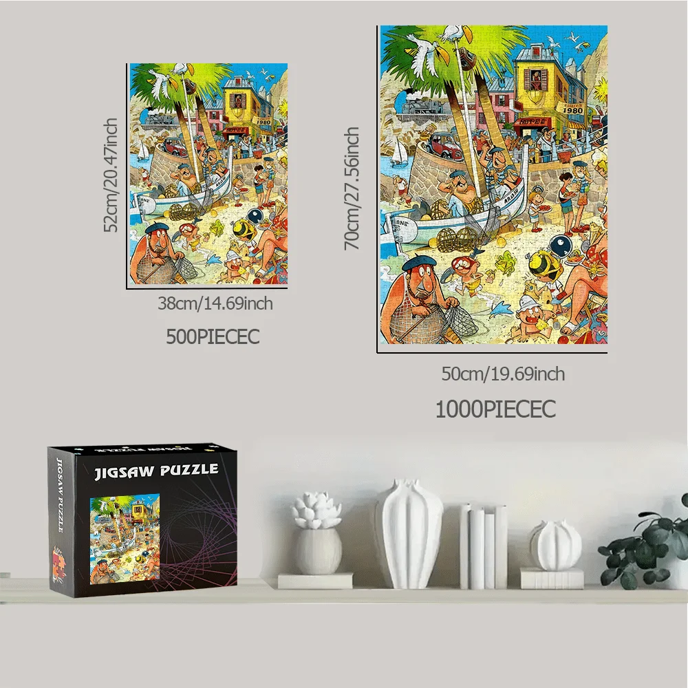 Puzzle de scène de dessin animé de ville côtière animée, jeu intellectuel amusant pour adultes et enfants, jouet de puzzle décoratif pour la maison et les loisirs