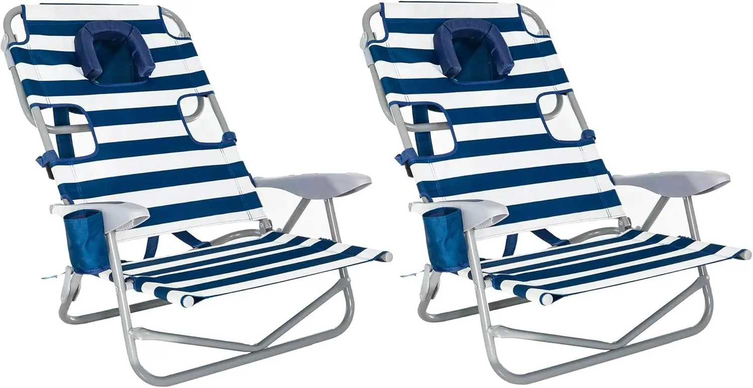 On-Your-Back Outdoor Lounge 5 Position Recline Beach Chair (2 Pack)