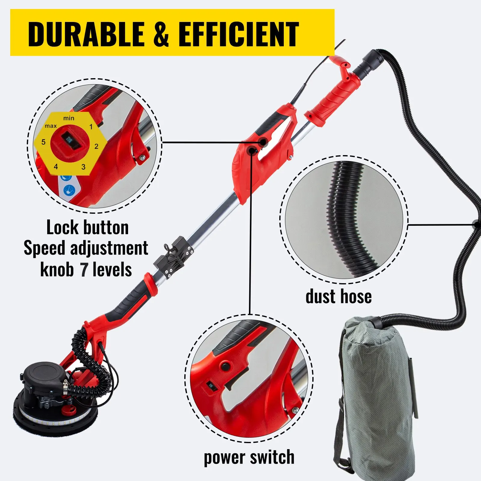 VEVOR Drywall Sander 850W, Electric Drywall Sander, Variable Speed 800-1750 RPM, with LED Strip Light and Vacuum Bag