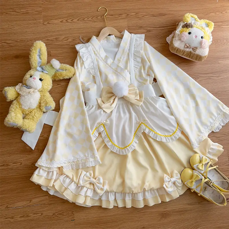 Kawaii Cute Lolita Yellow Maid Dress Japanese Sweet Women Dress Role Play Costume Halloween Party Cosplay Anime Kawaii Clothing