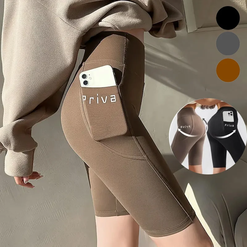 

Women Summer Sport Yoga Shorts High Waist Pocket Letter Stretchy Shark Pants Cycling Lady Slim Fit Midi Leggings