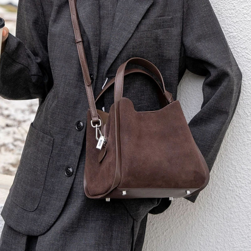 BURMINSA Genuine Leather Suede Bucket Shoulder Bag For Women Luxury Patchwork Top Handle Handbags Vintage Office Crossbody Purse