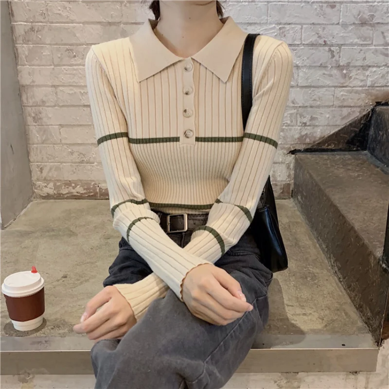 Women Clothing Korean Fashion Striped Polo Collar Basic Knitted Sweater Autumn and Winter Elegant Long Sleeve Slim Pullover Tops