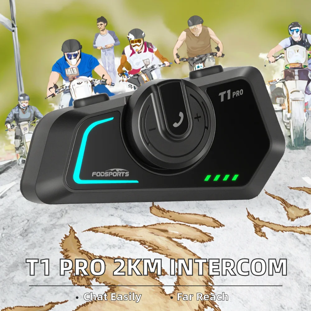 forT1 PRO helmet walkie-talkie, 2 kilometers range, 6-person intercom, ABS material, motorcycle accessories, including earphones