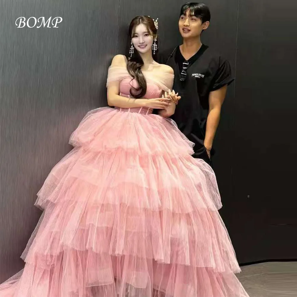 

BOMP Modern Pink Evening Dress Off Shoulder Floor Length Multi-layered Tulle Korea Photo Shoot Prom Gowns Customized 이브닝 드레스
