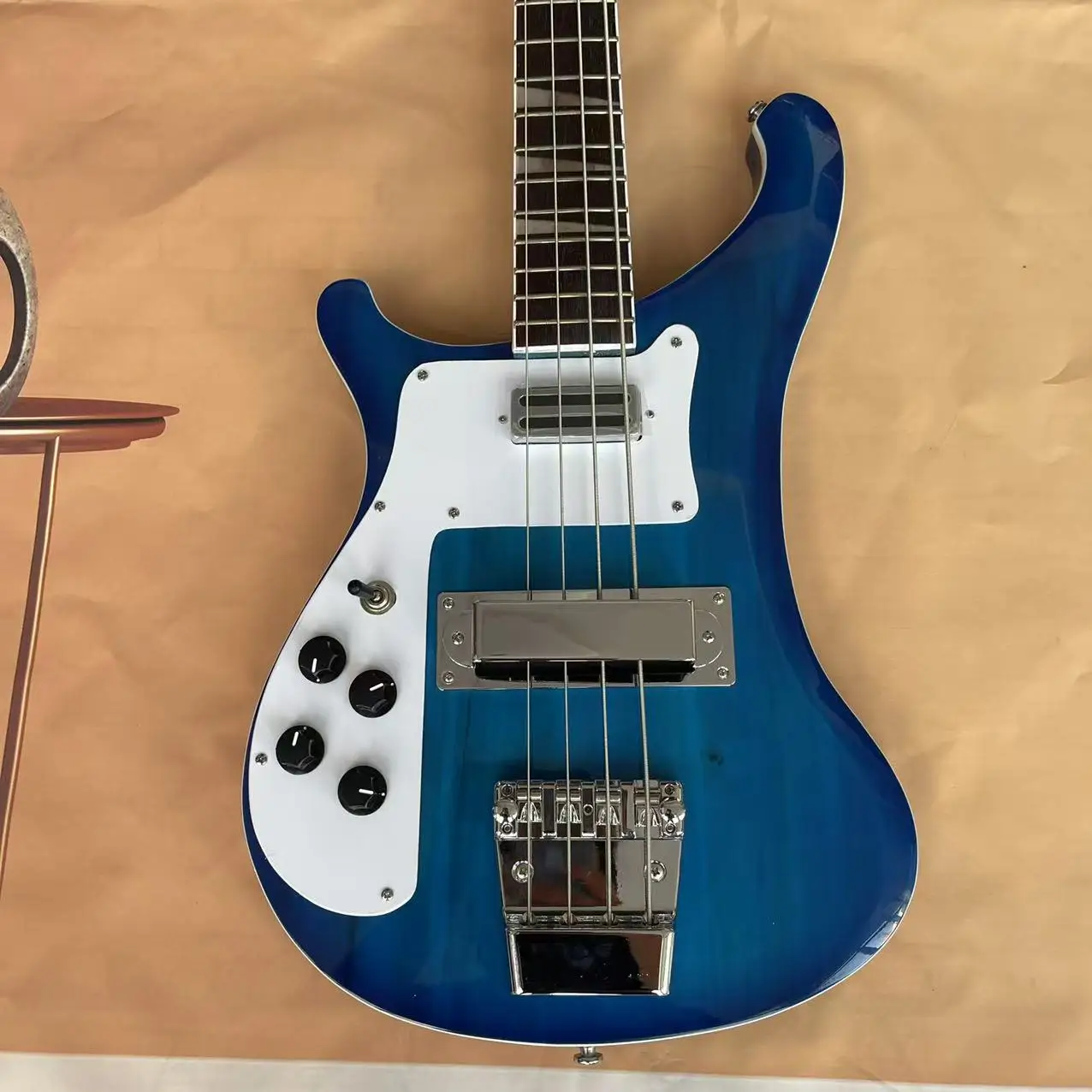 Electric Bass 4 Chords Left Hand RickenBacker Electric Bass, Transparent Blue Body, Factory Photo of Shipment, In Stock, Order a