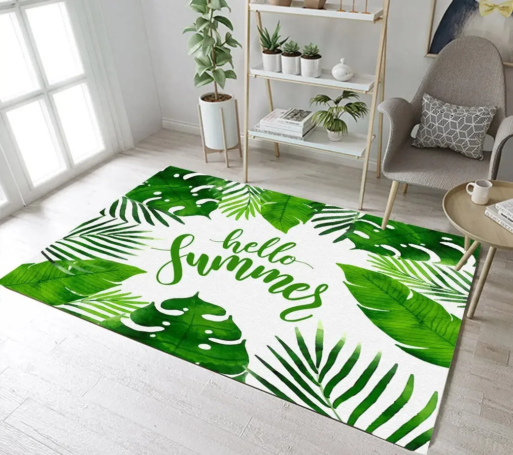 Hello Summer Tropical Leaf Area Rug Floor Mat Monstera Palm Leaves Letter Print Carpet for Living Room Balcony Home Decor