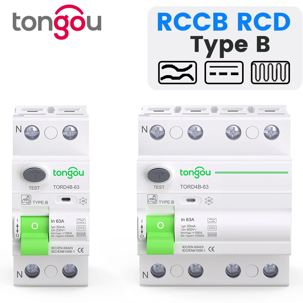 

Breaker 2P 4P AC 40a 63a 30ma 100ma 300ma 10KA Din Rail 230V TONGOU RCCB Type B Earth Leakage Residual Current Circuit