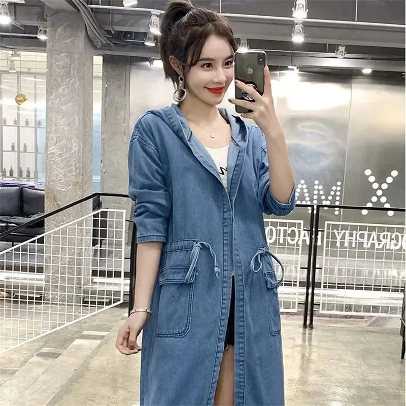 Ladies Large Size 4XL Cowboy Outwear Spring Autumn Female Medium Long Styles Jeans Coat Women Long Sleeves Denim Trench Jacket