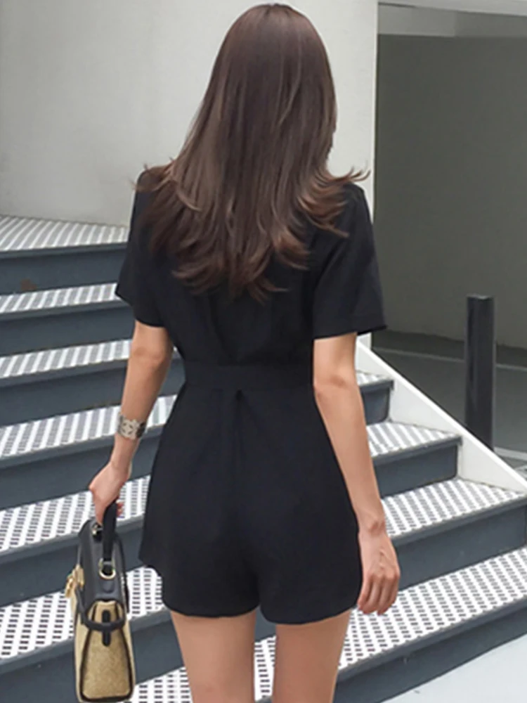 New Fashion Elegant Women Jumpsuit Temperament Retro Casual Black Short Sleeve Belt Slim Female Mujer High Waist Shorts Playsuit