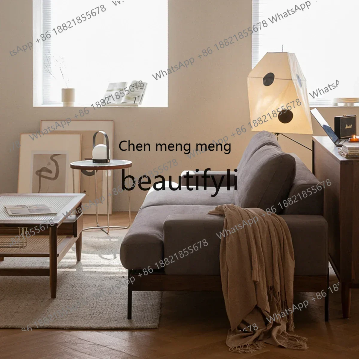 

D178 a26 Fabric sofa Solid wood living room Nordic three-person Japanese simple removable and washable black walnut sofa