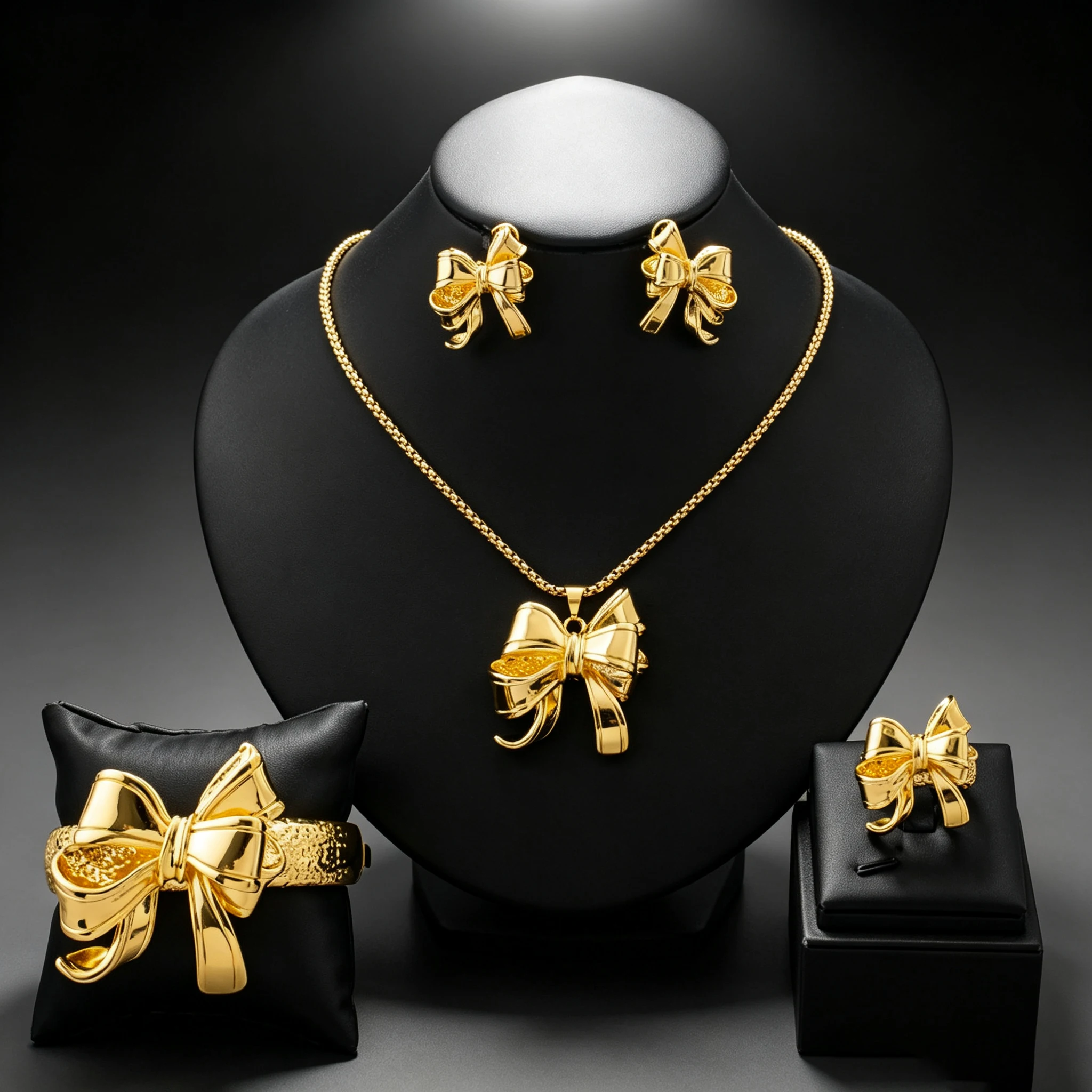 18k vergoldetes Schmetterlingsknoten-Schmuckset (4-teilig) mit Halsketten, Ohrringen, Armbändern und Ringen, Dubai Brautschmuck, Hochzeitsaccessoires, Geschenk – Detail 2