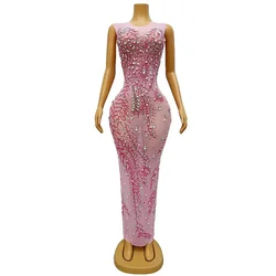 Sexy Stretch Outfit Dance Stage Birthday Celebrate Costume Party Wear Silver Rhinestones Crystals Sleeveless Pink Dress