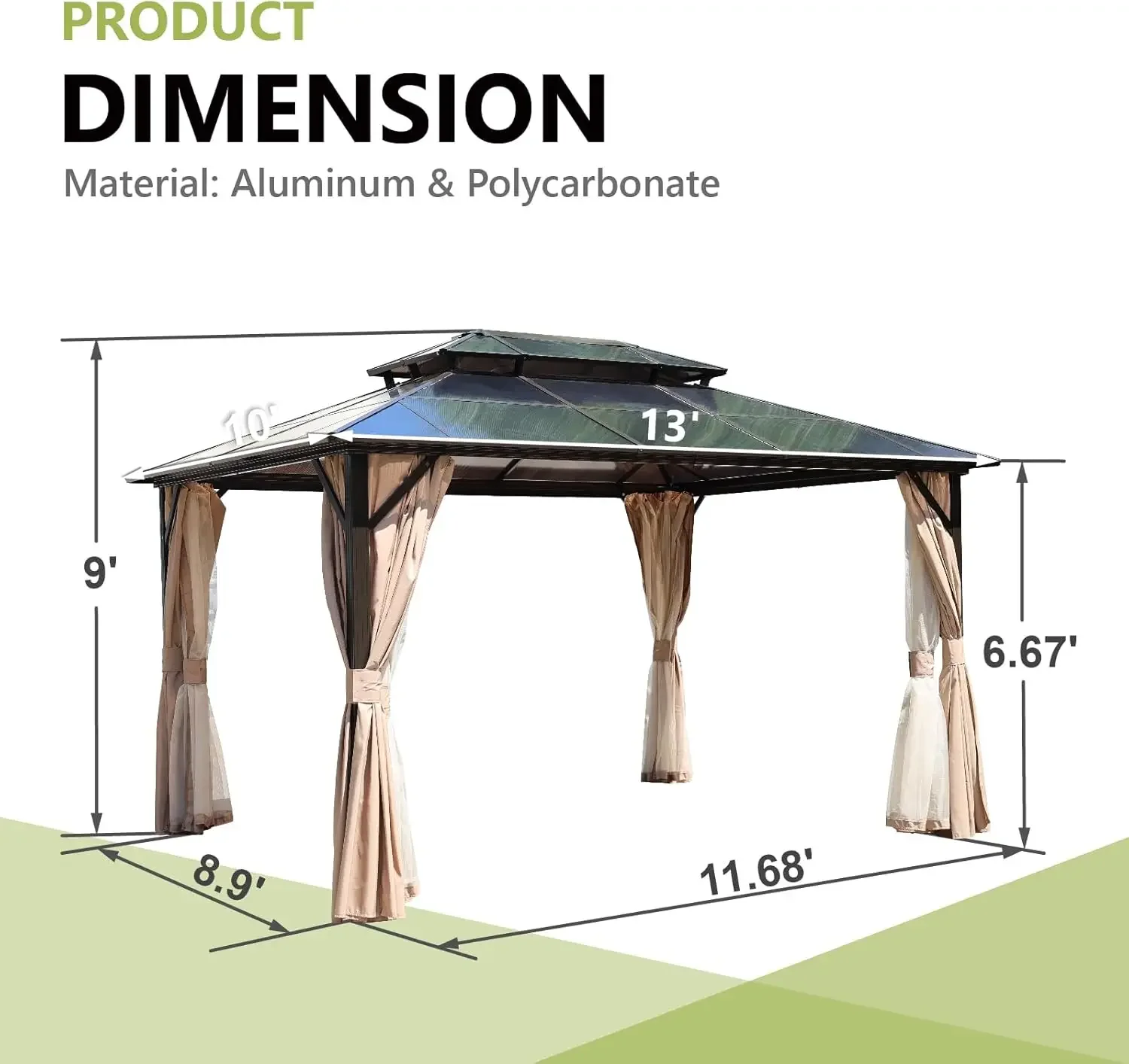 10'x13' Hardtop Gazebo,  Aluminum Frame Permanent Pavilion with Curtain and Netting, Pergola for Patio Lawn Garden Backyard