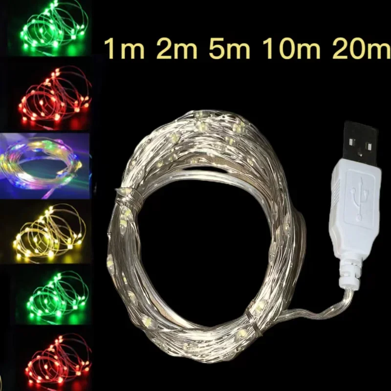 Guirnalda de luces LED de alambre plateado de cobre, USB, luces de hadas impermeables, decoración de fiesta de boda de Navidad, 1 M, 5 M, 20M