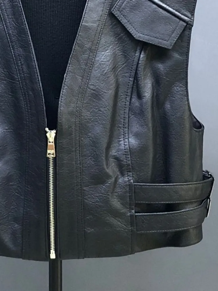 High Quality Ladies Solid Color V-Neck Leisure Style Genuine Leather Vest Handmade Zipper Sleeveless Loose Cowhide Outerwear