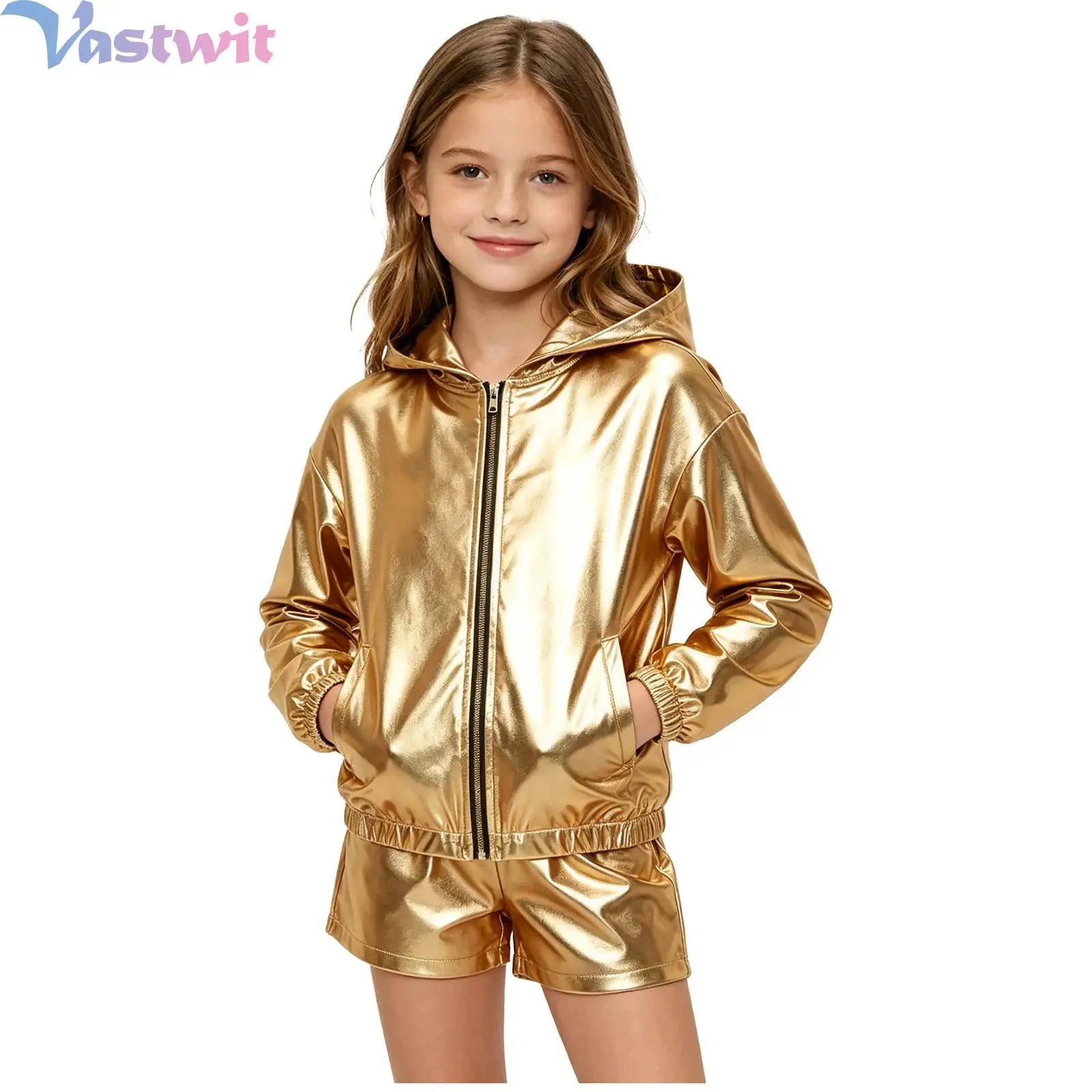 Kids Girls Metallic Hooded Jacket Long Sleeve Zipper Shiny Coat Outerwear with Pockets Hip Hop Hoodie Top Carnival Stage Costume
