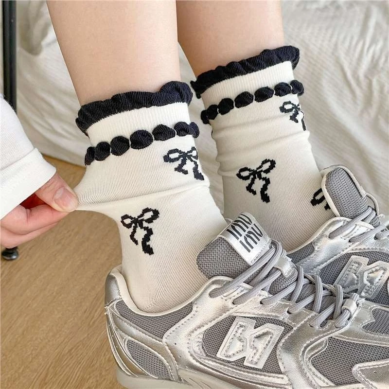 

JK White Socks Ruffle-edge Bowknot Cute Long Socks Women's Ballet Style Breathable Sweat-Absorbent Lolita Kawaii Mid Tube Socks