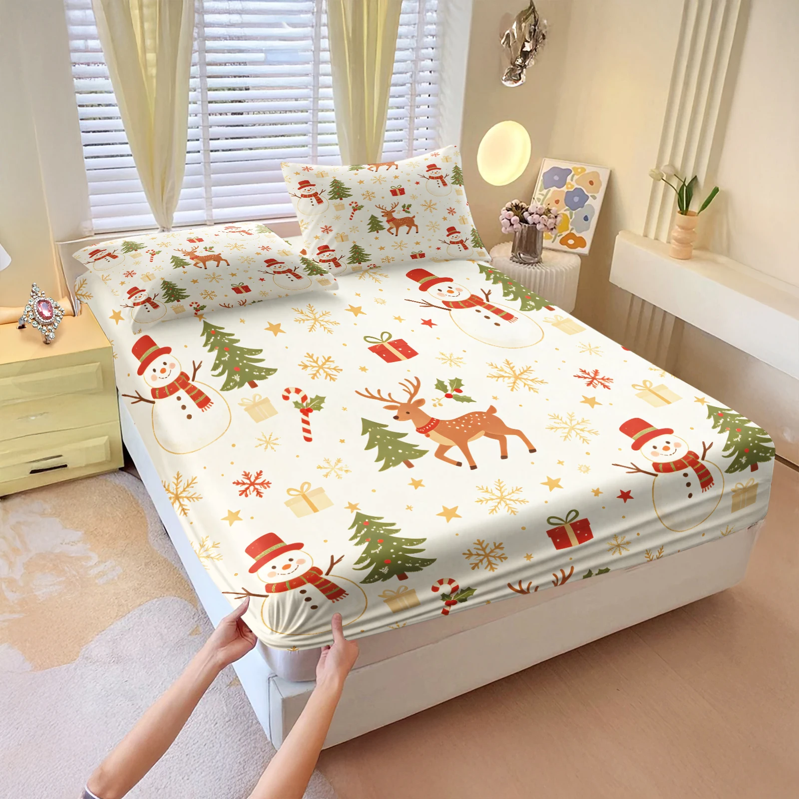 Christmas Fitted Sheet Set Snowman Reindeer Xmas Tree Print Bed Sheet Elastic Bed Cover With Pillowcases Soft Mattress Protector