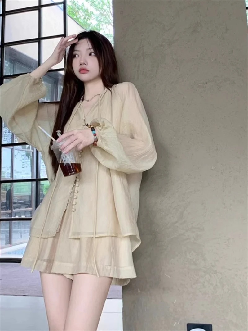 Chinese Style Zen Set for Women\'s Lazy Style V-neck Sunscreen Shirt 2024 Summer New Loose Versatile Wide leg Short Two-piece Set