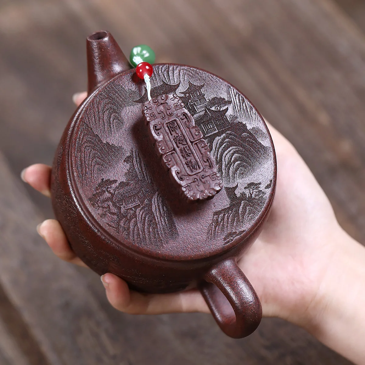 

Handmade Yixing Purple Clay Pot Famous Ore Sweat Mud Full Carved Kunde Hanwa Large Capacity 300cc