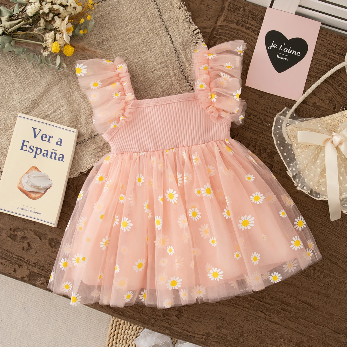 Baby Girl Dress Summer Daisy Pattern Halter Mesh Fluffy Gentle Baby Dresses Cute Casual Vacation Girl Kid's Dress Baby Clothing
