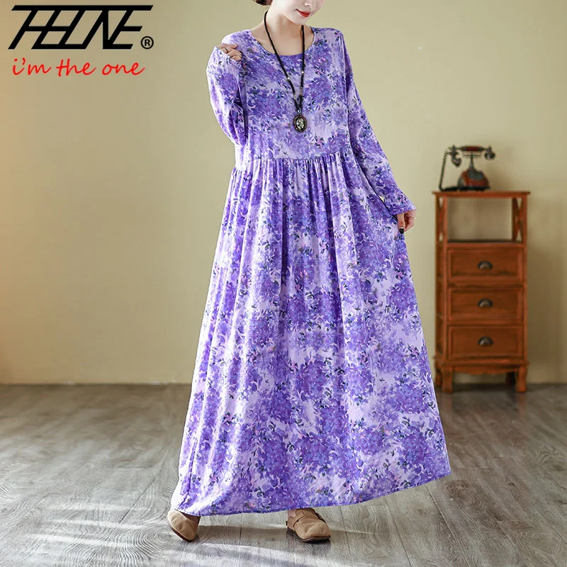 THHONE فساتين الربيع للنساء رداء طباعة عطلة الشاطئ فضفاضة س الرقبة خمر كم طويل فستان كاجوال الملابس Vestido Feminino