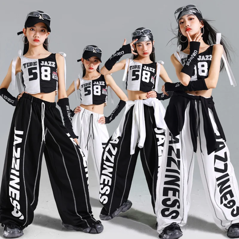 

Черно-белый джазовый наряд, комплект в стиле хип-хоп, модный сценический наряд для девочек, укороченный топ, брюки для танцев, костюм для уличного танца AMY2109