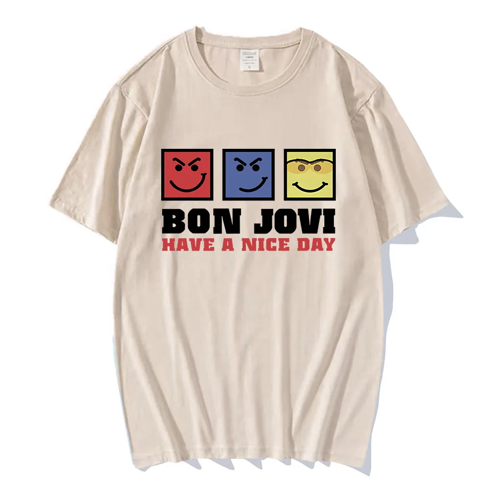 احصل على يوم جميل تي شيرت BONJOVI روك باند موضة بلايز قصيرة الأكمام القطن الذكور تي شيرت للجنسين الشارع الشهير فضفاض س الرقبة الرجال قميص #2