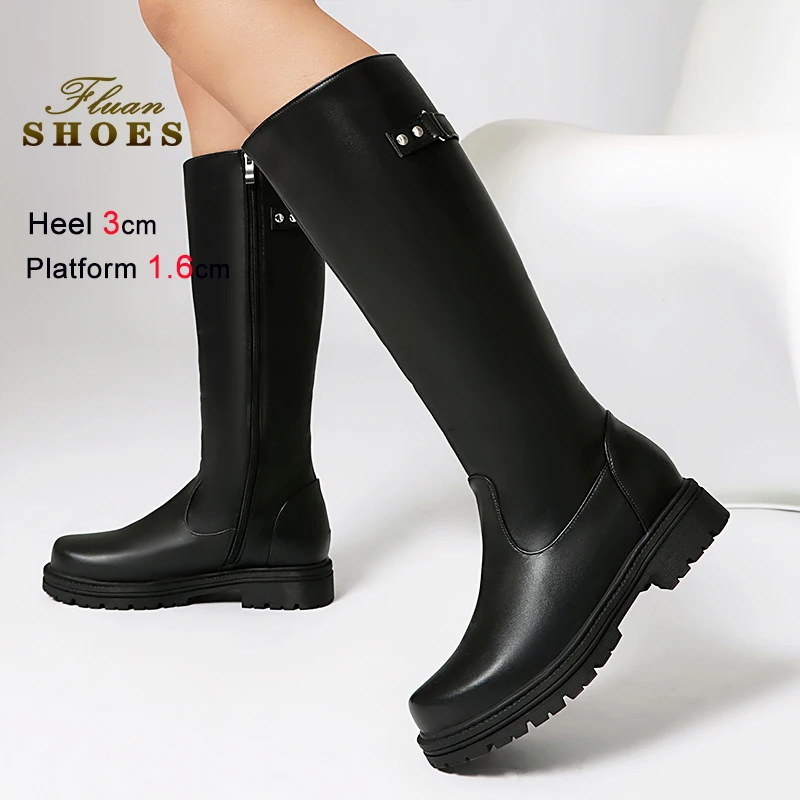 

Anti-Slip Thick Sole Knight Boots For Female 3CM Chunky Heel Zip Women Autumn Winter Long Boots Unisex Low Heel Plus Size Shoes