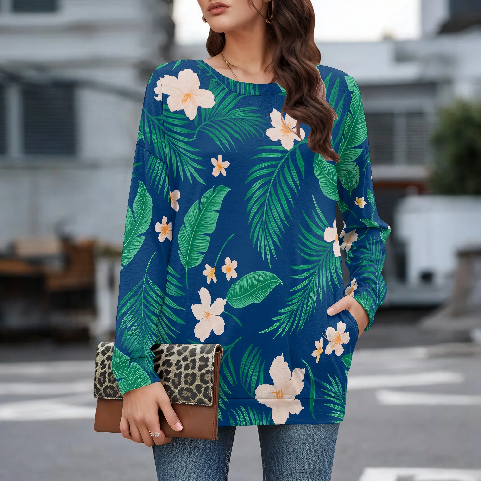 

Women's summer Hawaiian shirt, long-sleeved tropical printed top, round-neck long-sleeved shirt