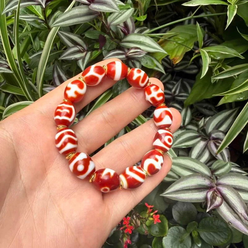 Tibetan God of Wealth Big Men Aquarius Tiger Teeth Multiple Totems Treasures Blood Red Agate Dzi Beading Bracelet Free Shipping
