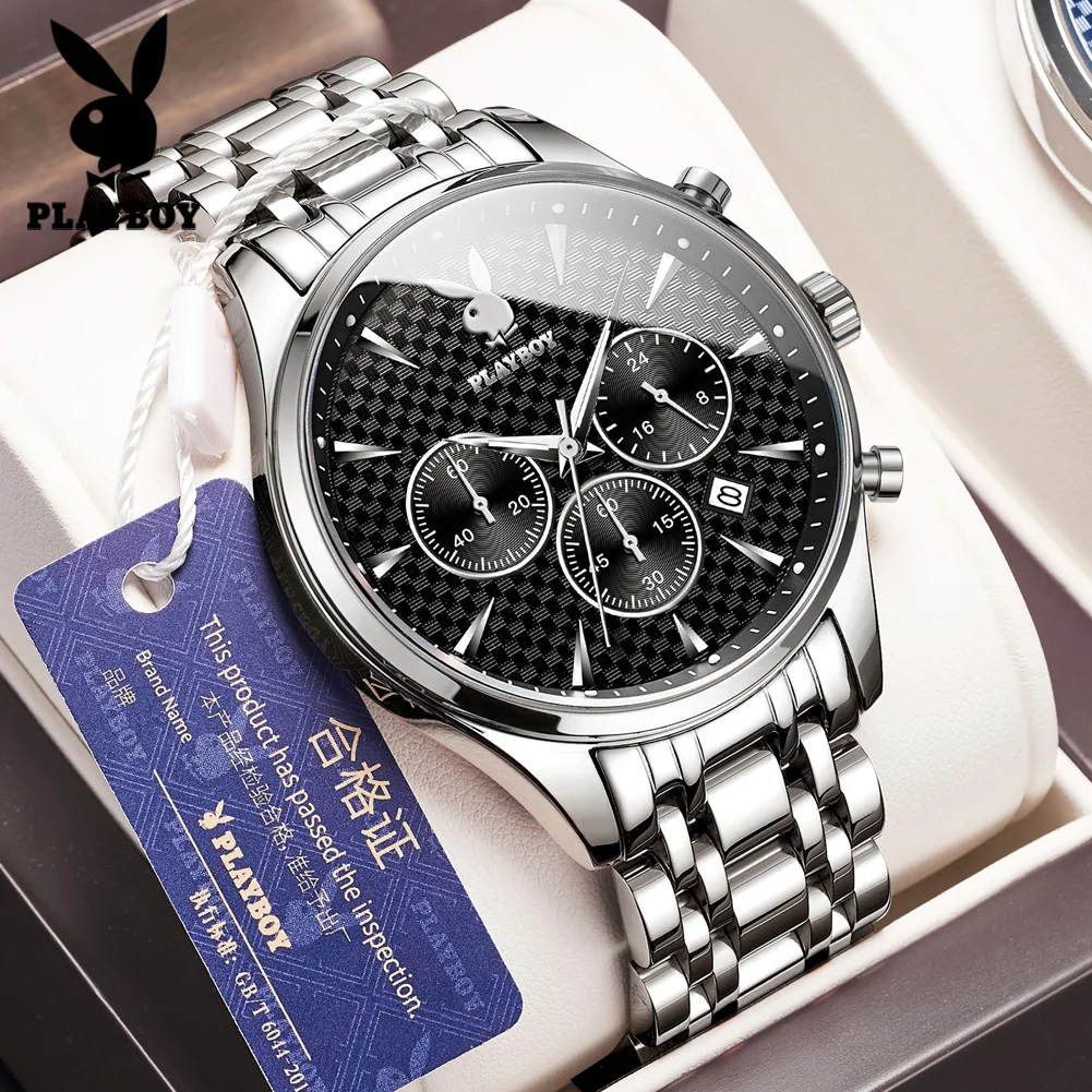 PLAYBOY Original Quartz Watch for Men Chronograph Business Men\'s Watches Waterproof Stainless Steel Luxury Brand Man Wristwatch