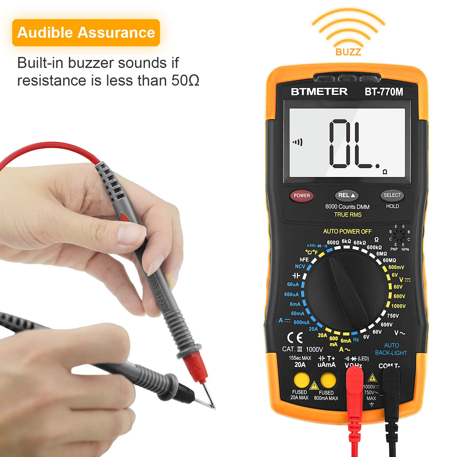 

BT-770M True RMS Digital Multimeter 6000 Counts 1000V 20A NCV Auto Backlight Capacitance hFE Temp
