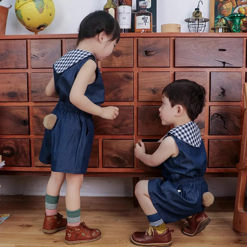 

2025 Summer New Light Denim Suit Boys and Girls Sleeveless Top Shorts