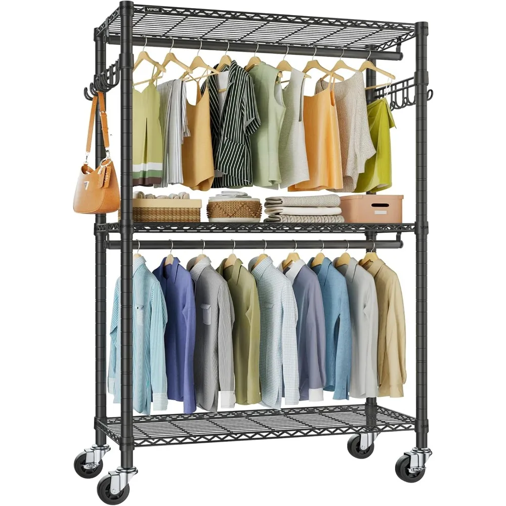 

R2 Plus Heavy Duty Rolling Garment Rack 3 Tiers Adjustable Wire Shelving Clothes Rack with Double Rods and Side Hooks, Fre