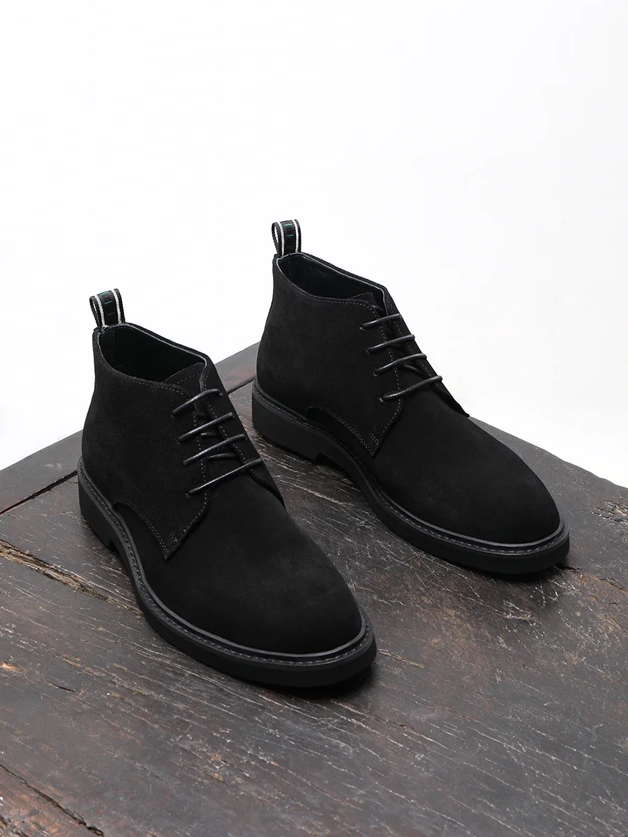 

2024 New Suede Mid Top Leather Shoes Business Casual Suede Men's Leather Lace Up Short Boots Black