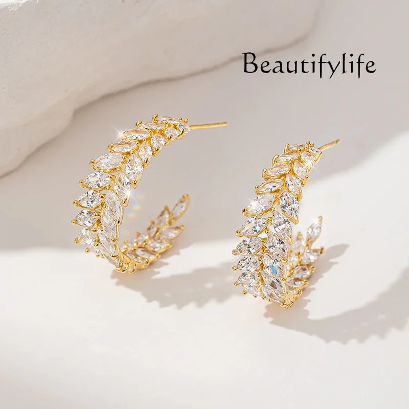 Wheat ear C-type flash temperament zircon silver stud earrings gold women's high-end earrings women