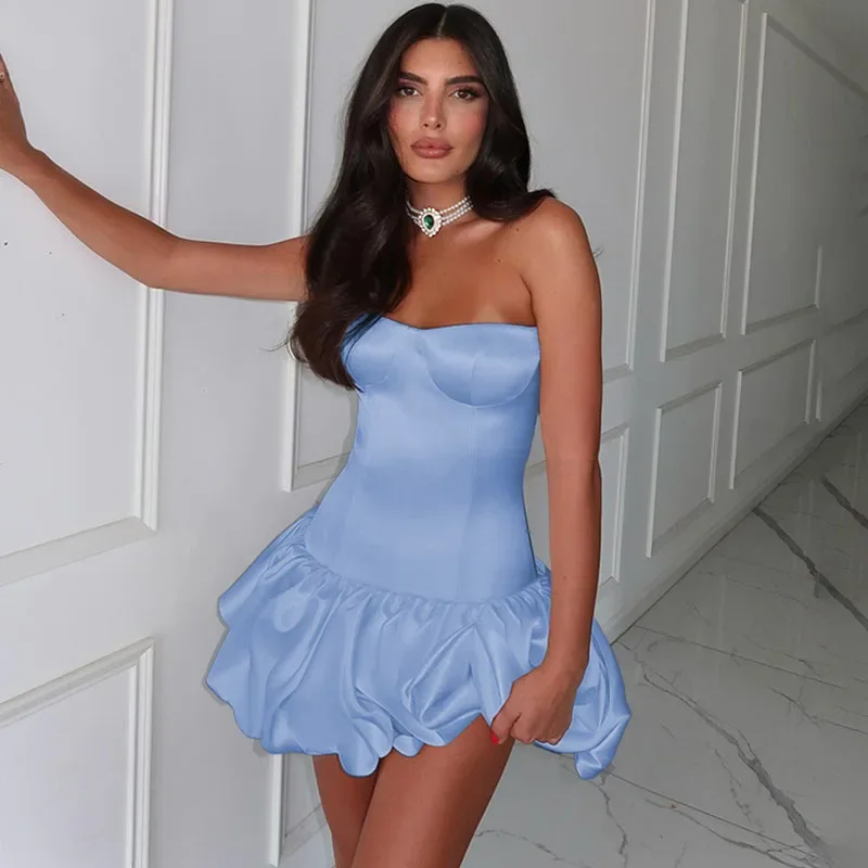 Doyerl elegante vestido de cumpleaños sin tirantes para mujer noche Club fiesta vaina ajustado A-line volantes dobladillo Prom Mini Vestidos