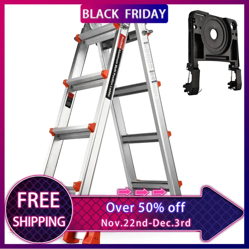 Folding Ladder, A Frame 4 Step Extension Ladder,14 Ft with Multi Position&Removable Tool Tray with Stabilizer Bar,330 lbs Weight