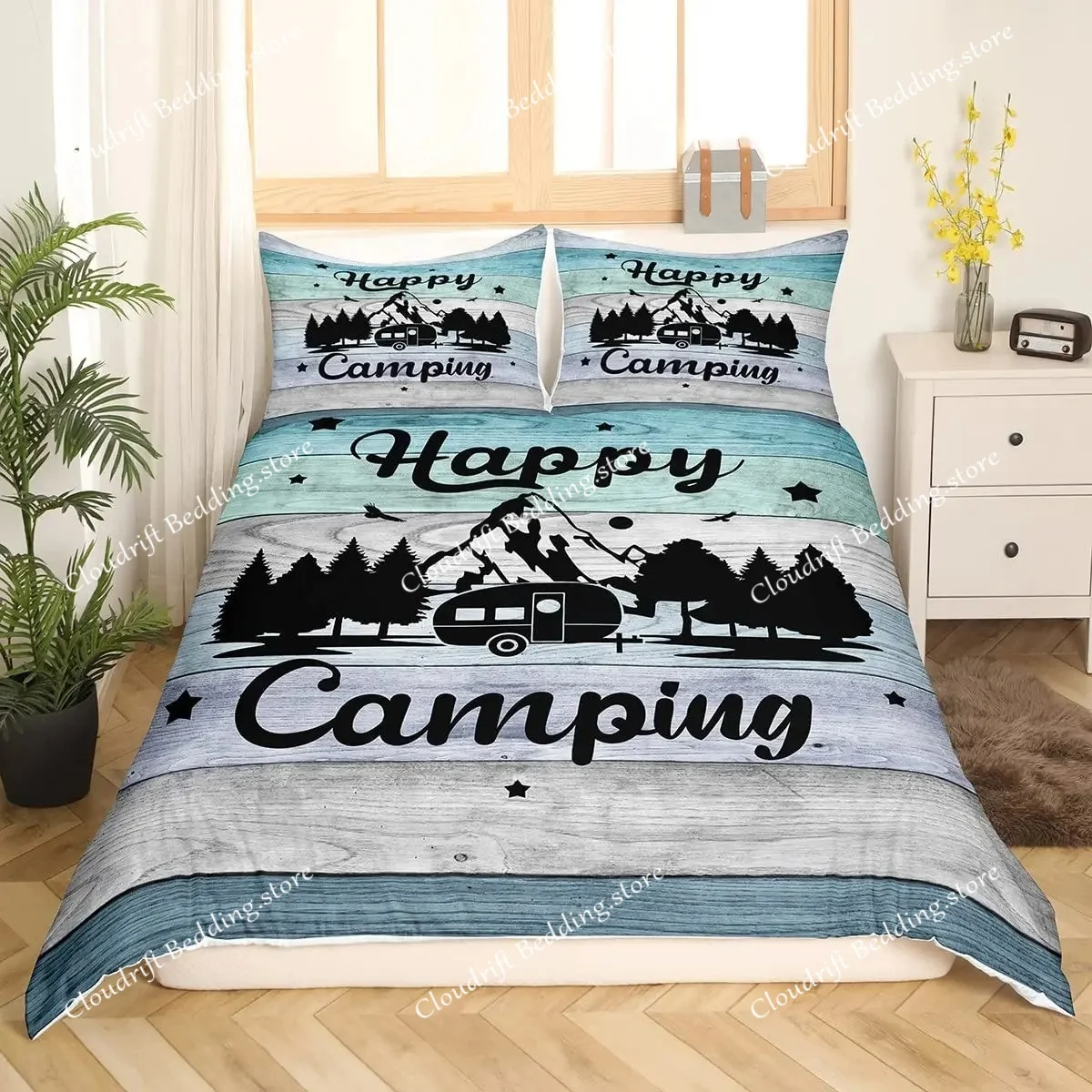 

Happy Camping Comforter Cover King, Summer Camping Decoration Bedding For Boy Teens Family, Beach Vacation Style Duvet Cover Set
