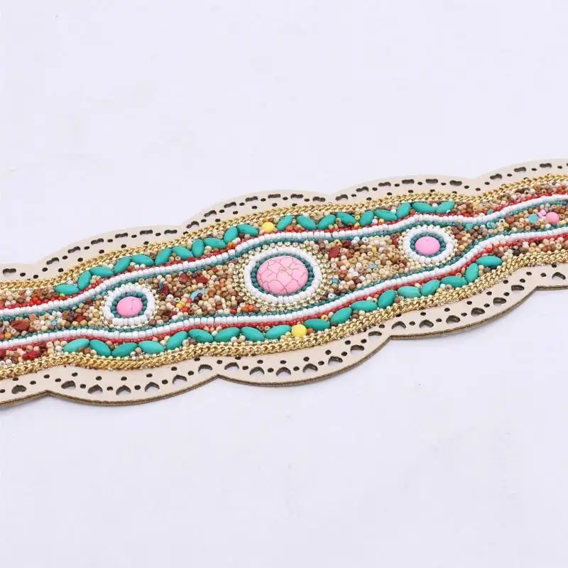 

652F Wide Adjustable Waistband Belt Beaded Floral Decoration Bohemian for Dresses