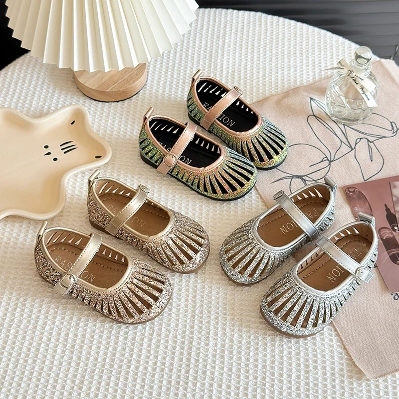 

Лето 2023, детские сандалии с закрытым носком для девочек, нескользящие пляжные сандалии для малышей, блестящие туфли принцессы Русалочки