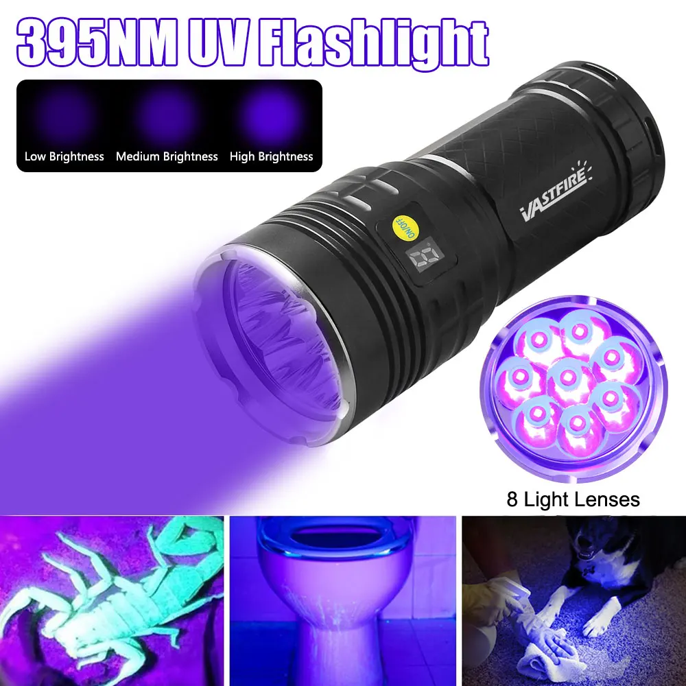 160W UV Flashlight 365nm/395nm Black Mirror Torch Super Bright UV Flashlight 8 core Violets Ultraviolet Torch For Pet Stains