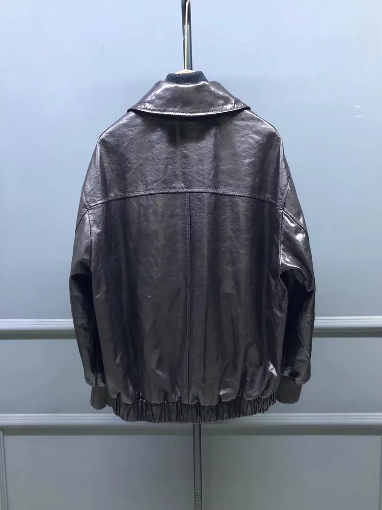 Giacca da donna in vera pelle vintage autunnale streetwear vestibilità ampia cera d'olio cappotto da pilota in pelle di pecora bavero capispalla casual da donna da ufficio