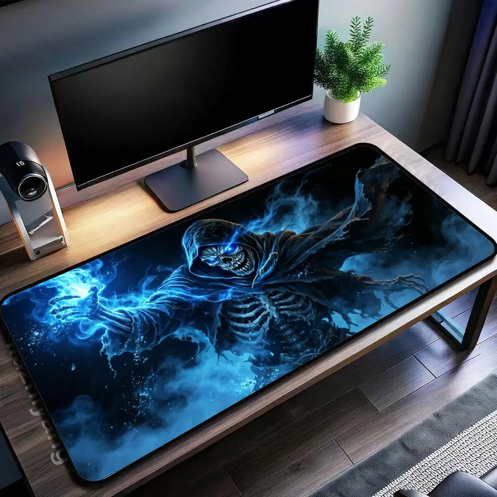 Mysterious Blue Lightning Ghost Skeleton Art Extended Gaming Mouse Pad, Anti-Fade Rubber Desk Mat Dark Fog Skull Print view 3