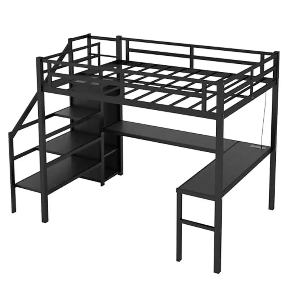 Cama loft de metal em tamanho real com mesa em forma de l e luzes led estação de carregamento guarda-roupa prateleira ajustável crianças loft cama rack metal