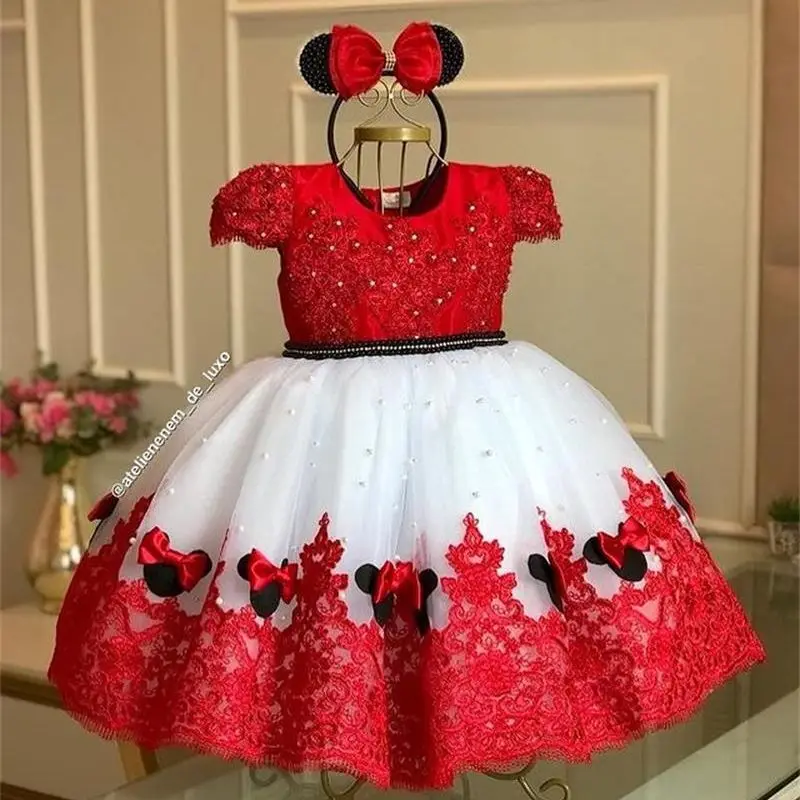 Robes mignonnes de demoiselle d'honneur rouge pour mariage, en dentelle à manches courtes en cristal perlé, robe d'invité de mariage pour filles