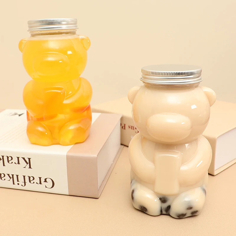 500ML Kawaii Bear Water Bottle For Milk Tea Coffee Juice Portable Drinking Cup Transparent Beverage Drink Bottle With Lid