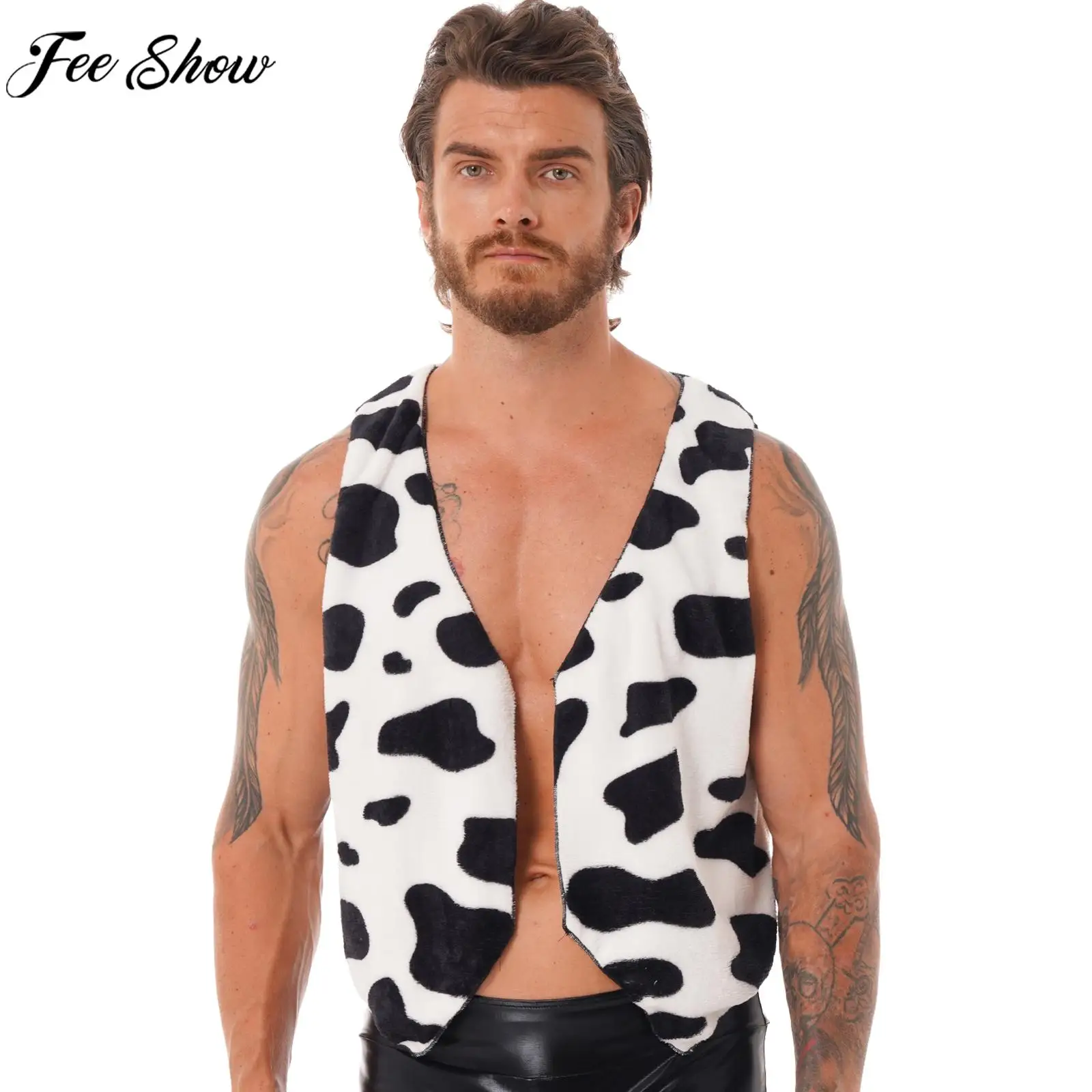 Men Cow Print Vest Halloween Carnival Theme Party Festival Dress Up Cosplay Costume Open Front Flannel Thicken Waistcoat Tops